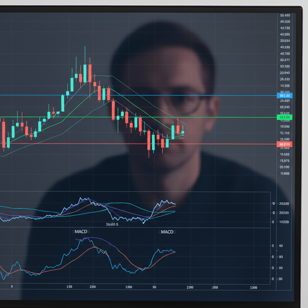 Close-up of computer monitor displaying candlestick chart with technical indicators including support and resistance levels, RSI and MACD graphs