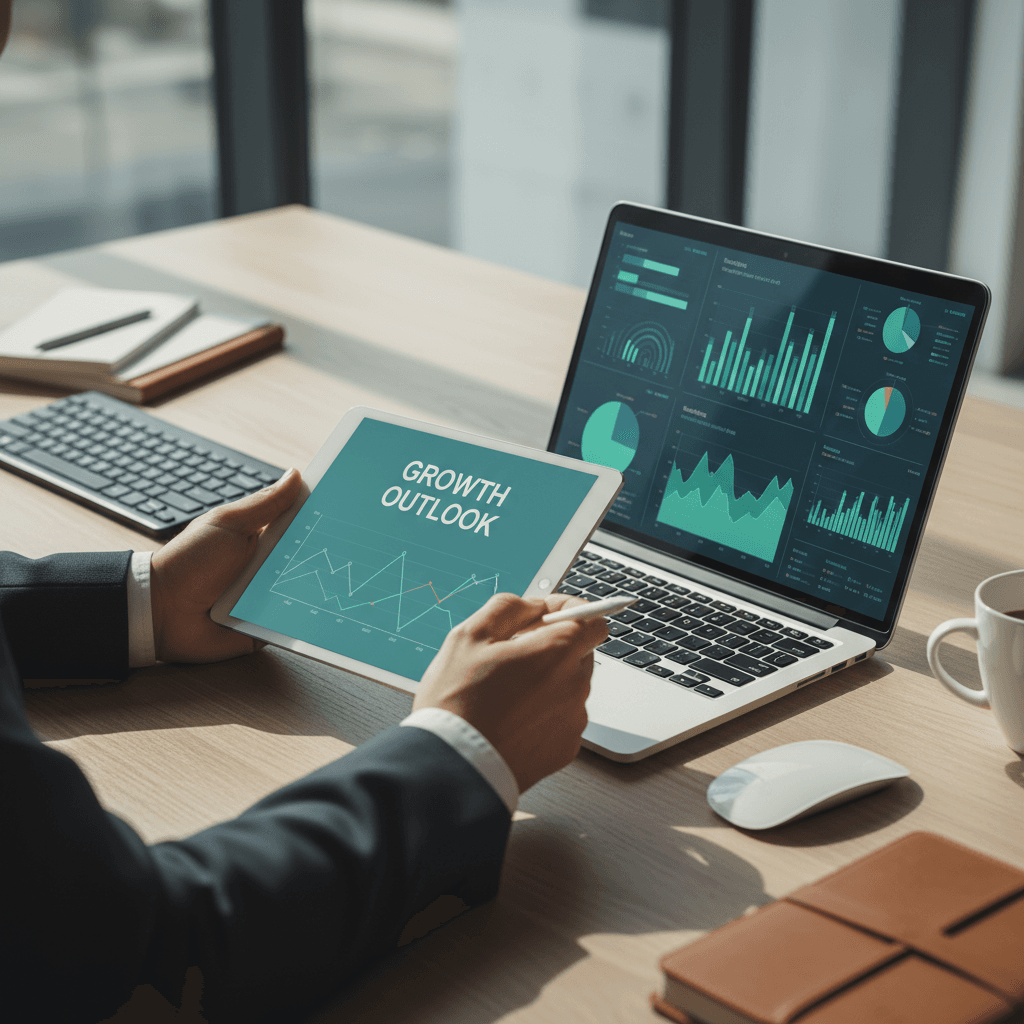 Analyst's hands on laptop and tablet displaying colorful data dashboards with market analytics and trend charts