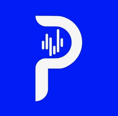 Minimalist white letter P featuring an audio waveform graphic on a vibrant blue background.